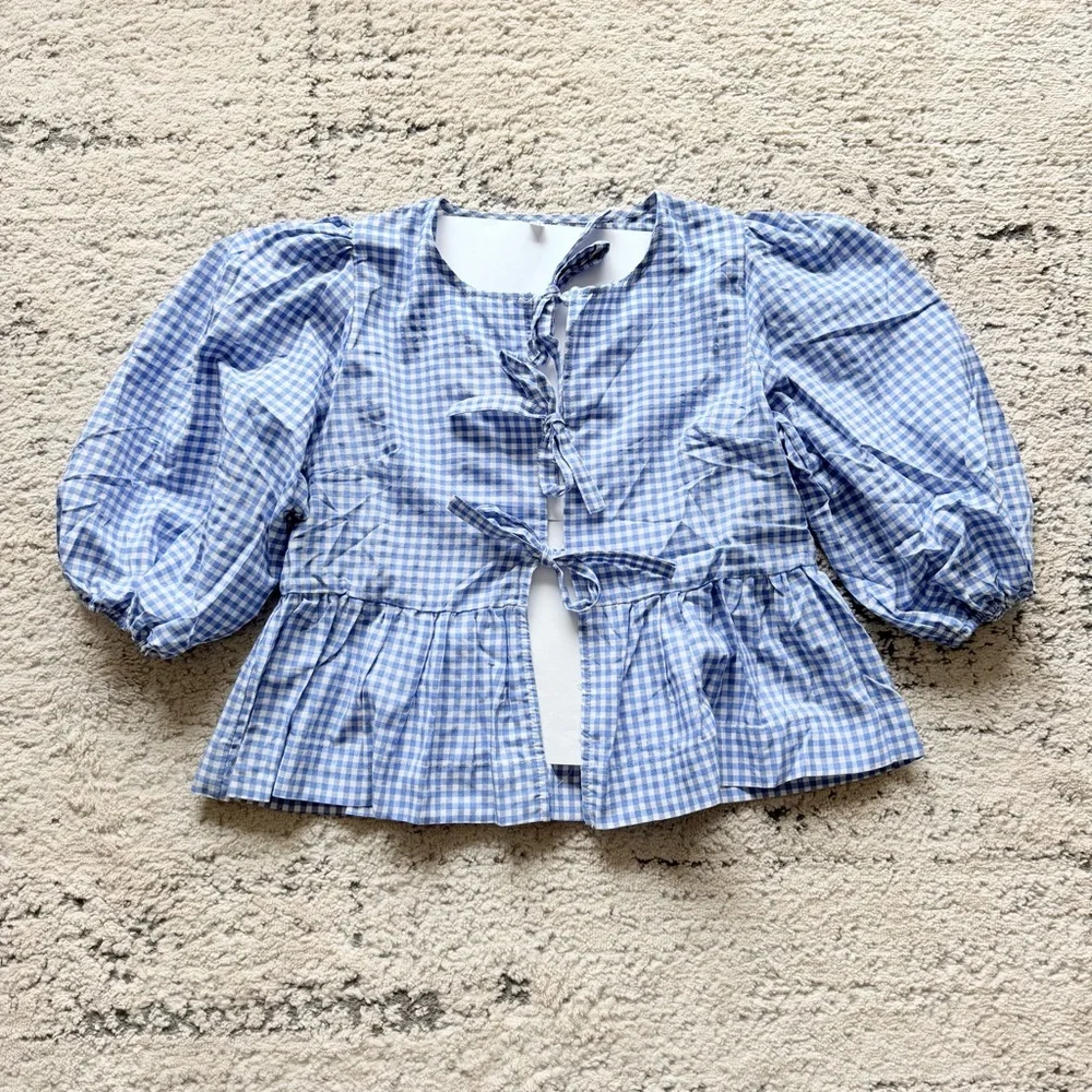 NWOT-Woman’s Blue Plaid Gingham Babydoll Top w/ Tie Front Short Puff Sleeves - Picture 3 of 14